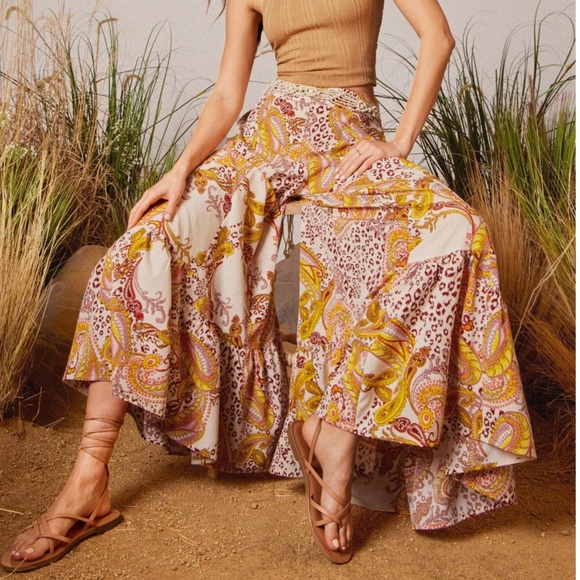 Pants - Boho Paisley Leopard Print Wide Ruffle Leg pants